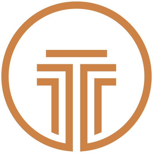 Orange circular geometric monogram logo on black