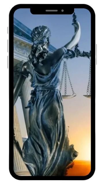 Bronze Lady Justice silhouette on phone screen