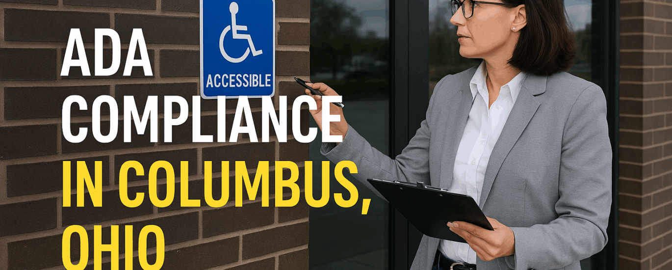 Woman inspecting ADA accessible sign with clipboard