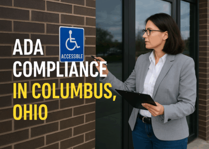 Woman inspecting ADA accessible sign with clipboard