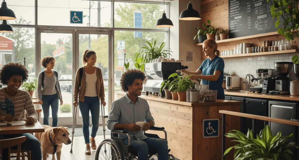 Accessible cafe with wheelchair user and service dog