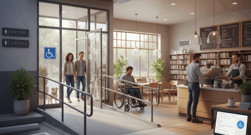 Cafe interior with ADA ramp and wheelchair user